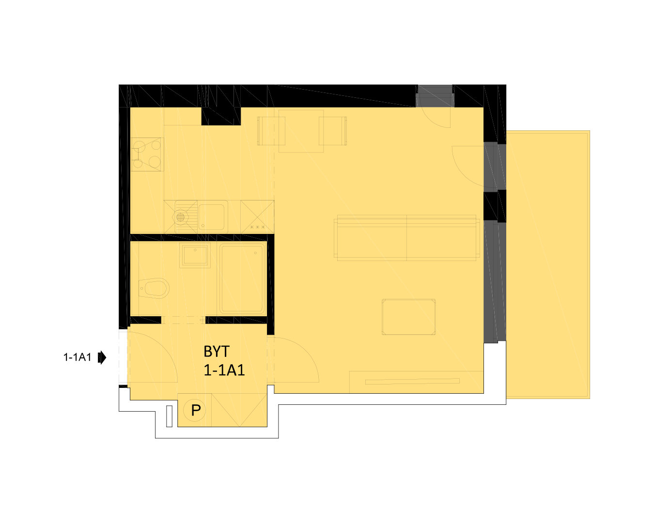 Byt 1-1A1: 1+kk - 40,4 m2 - balkon Byt 1-1A1: 1+kk - 40,4 m2 - balkon