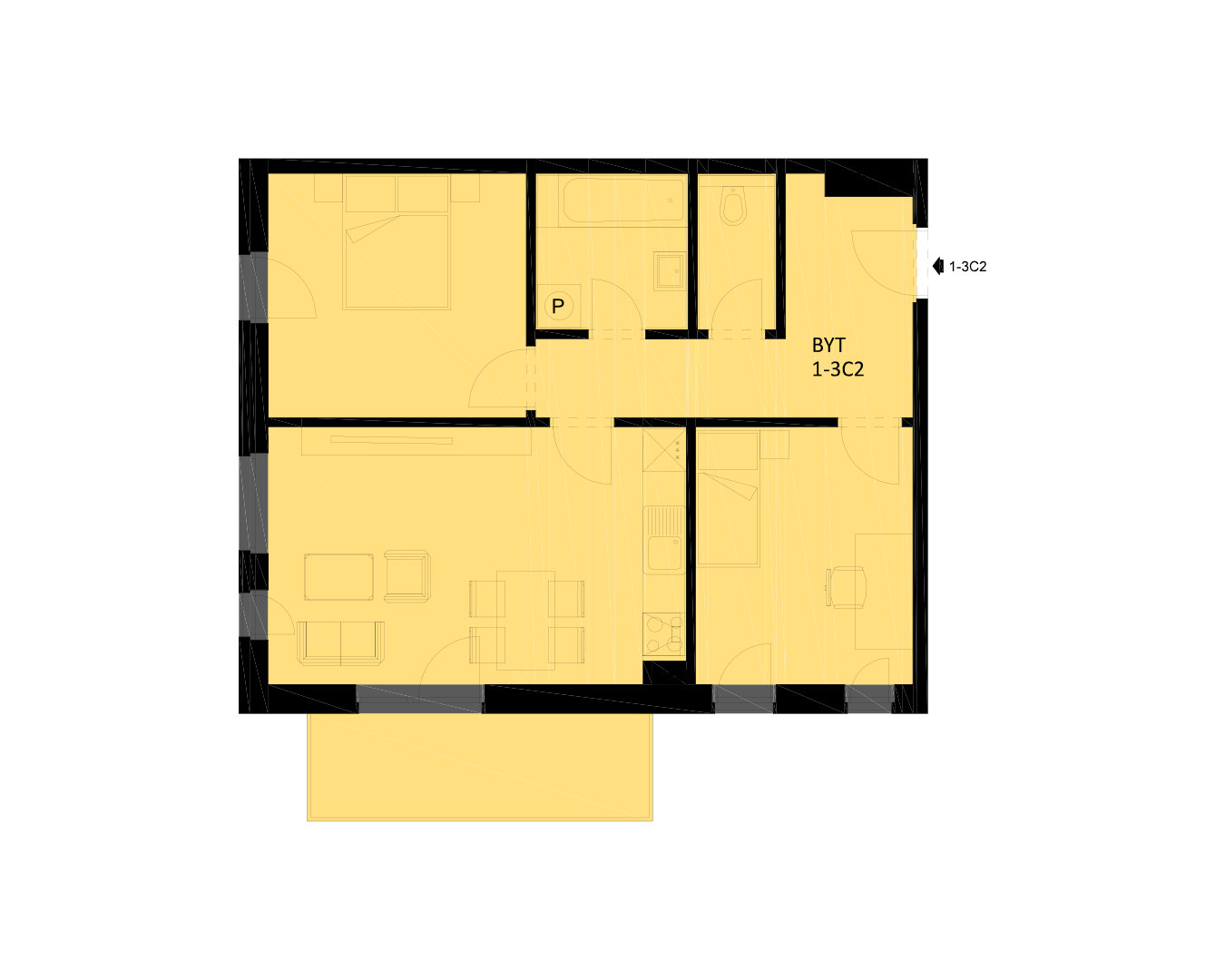 Byt 1-3C2: 3+kk - 70,5 m2 - balkon Byt 1-3C2: 3+kk - 70,5 m2 - balkon