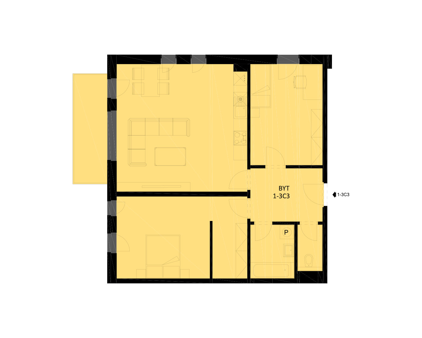 Byt 1-3C3: 3+kk - 89,1 m2 - balkon Byt 1-3C3: 3+kk - 89,1 m2 - balkon