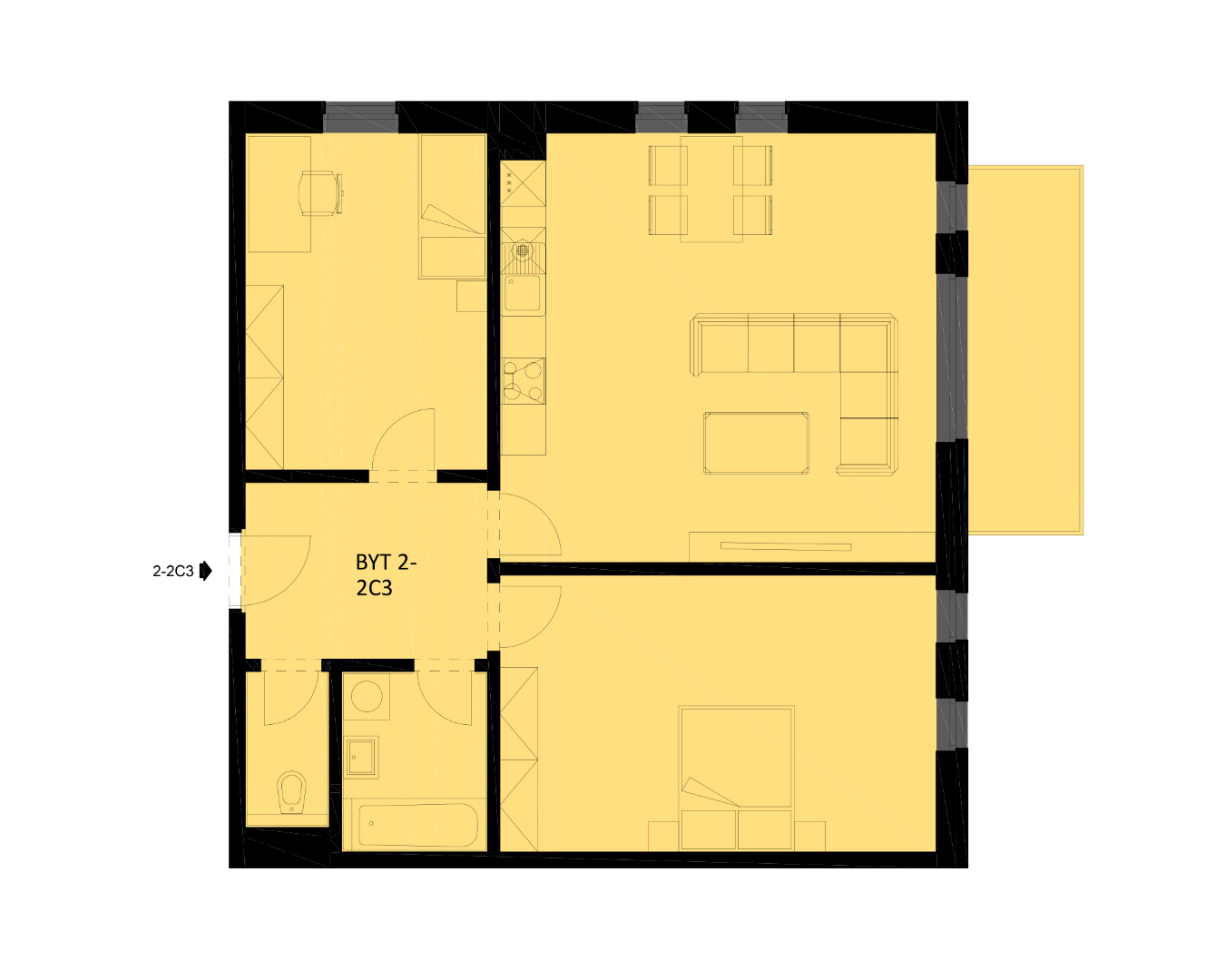 Byt 2-2C3: 3+kk - 89,1 m2 - balkon Byt 2-2C3: 3+kk - 89,1 m2 - balkon