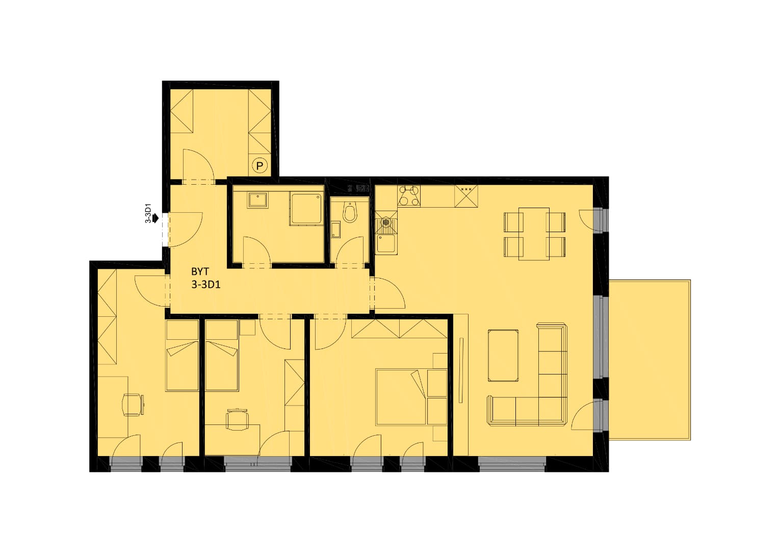 Byt 3-3D1: 4+kk - 93,9 m2 - balkon Byt 3-3D1: 4+kk - 93,9 m2 - balkon